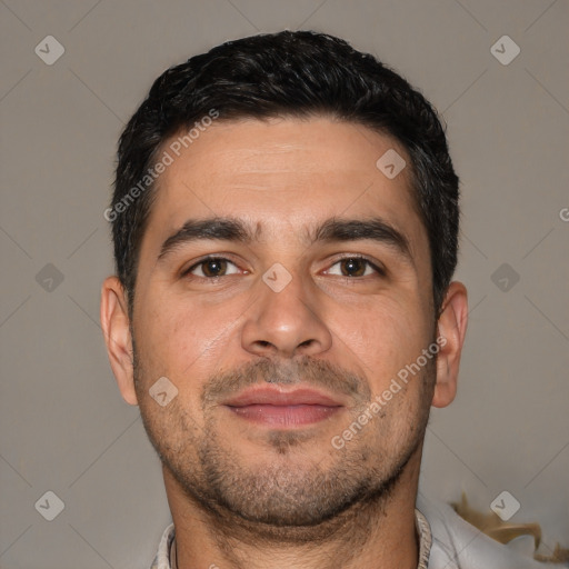 Joyful white adult male with short  brown hair and brown eyes