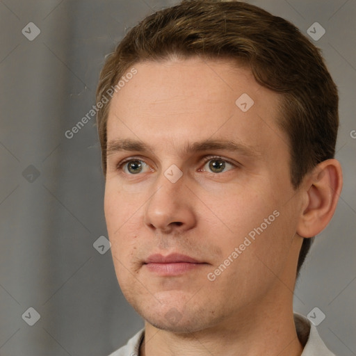 Neutral white young-adult male with short  brown hair and brown eyes