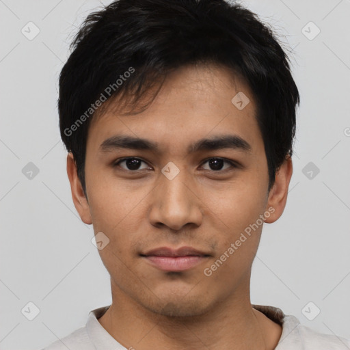 Neutral asian young-adult male with short  black hair and brown eyes