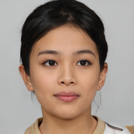 Neutral asian young-adult female with medium  brown hair and brown eyes