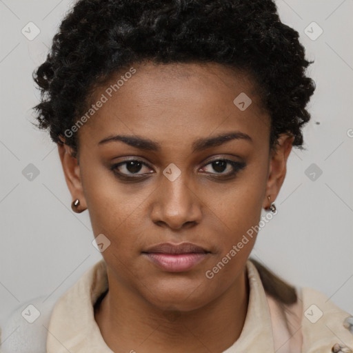 Neutral black young-adult female with short  brown hair and brown eyes