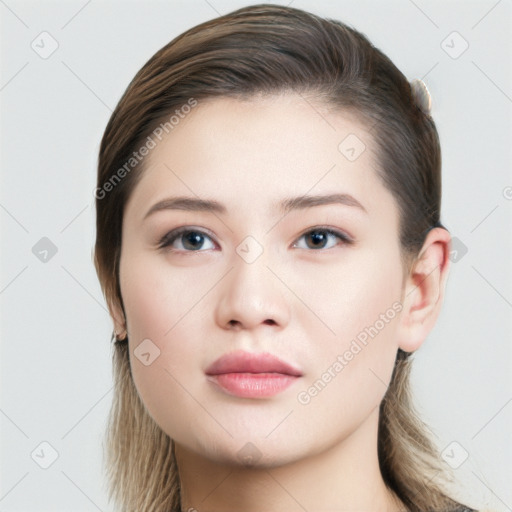 Neutral white young-adult female with long  brown hair and brown eyes