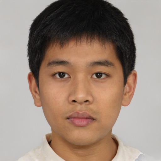 Neutral asian young-adult male with short  brown hair and brown eyes