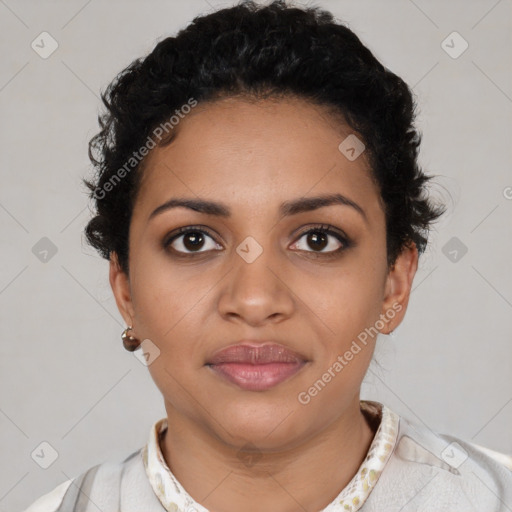 Joyful latino young-adult female with short  black hair and brown eyes