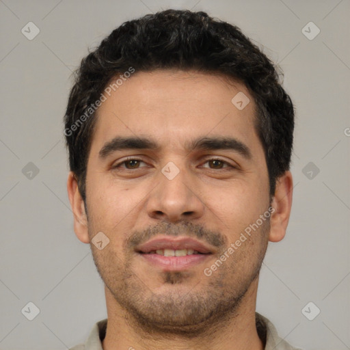 Neutral white young-adult male with short  black hair and brown eyes