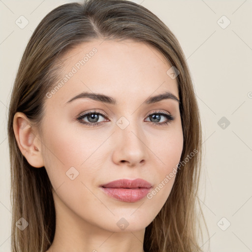 Neutral white young-adult female with long  brown hair and brown eyes