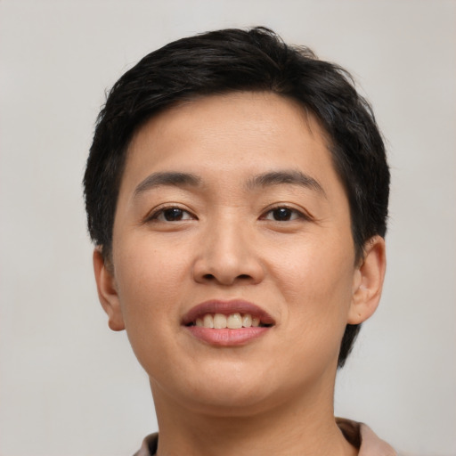 Joyful asian young-adult female with short  black hair and brown eyes