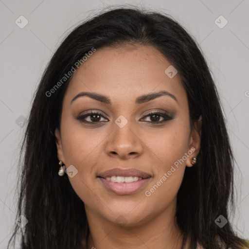 Joyful latino young-adult female with long  brown hair and brown eyes