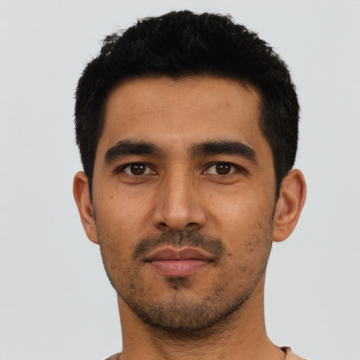 Neutral asian young-adult male with short  black hair and brown eyes