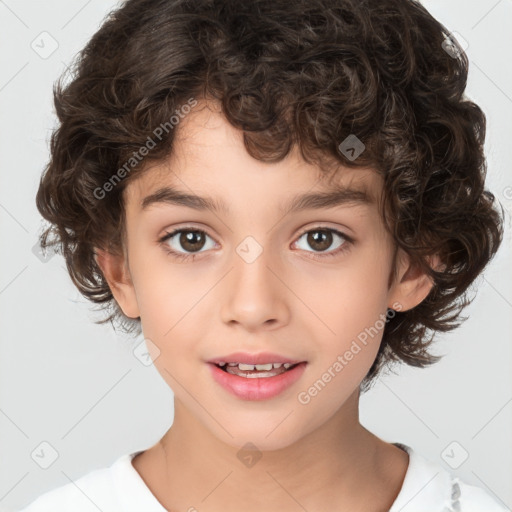 Joyful white child female with medium  brown hair and brown eyes