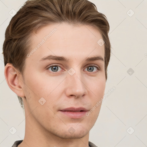 Neutral white young-adult male with short  brown hair and grey eyes