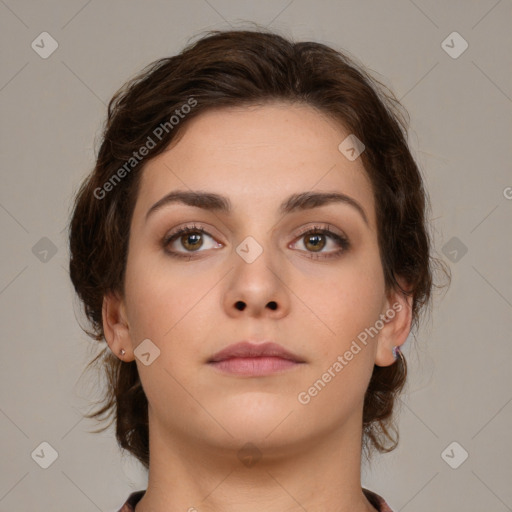 Neutral white young-adult female with medium  brown hair and brown eyes