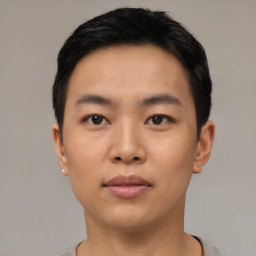 Neutral asian young-adult male with short  brown hair and brown eyes