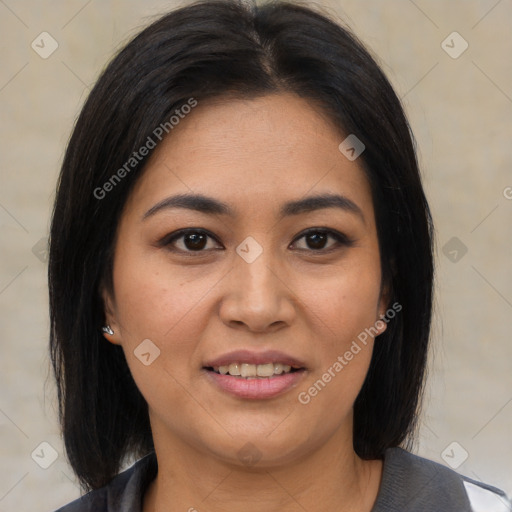 Joyful asian young-adult female with medium  brown hair and brown eyes