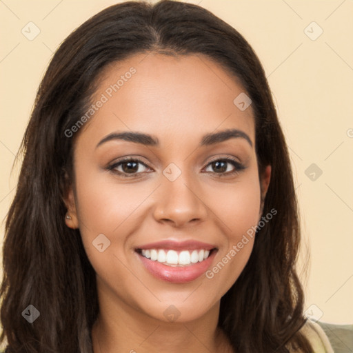 Joyful white young-adult female with long  brown hair and brown eyes