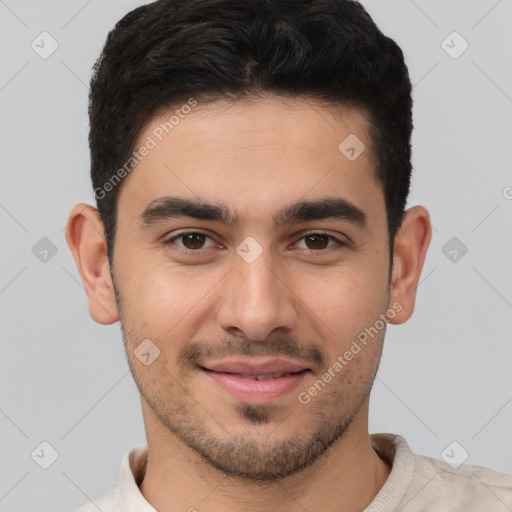 Joyful white young-adult male with short  brown hair and brown eyes