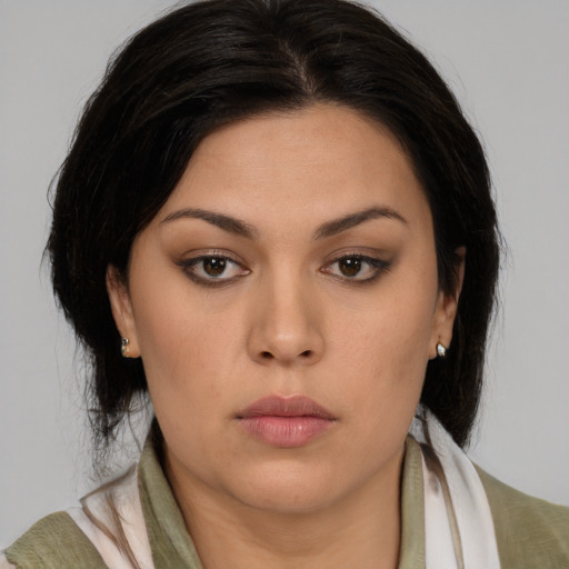 Neutral white young-adult female with medium  brown hair and brown eyes
