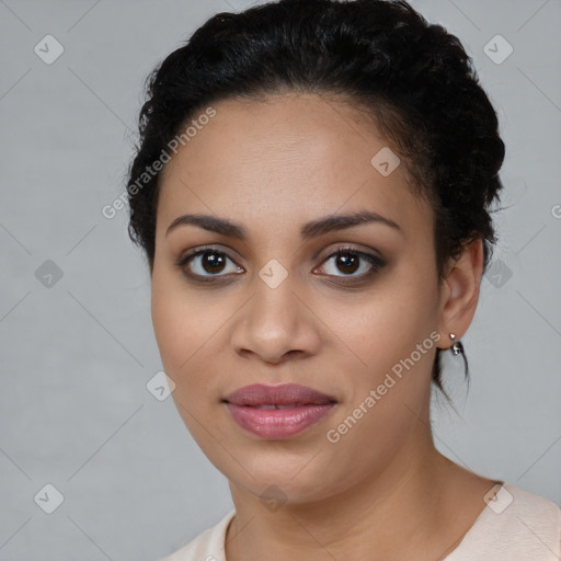 Joyful latino young-adult female with medium  black hair and brown eyes