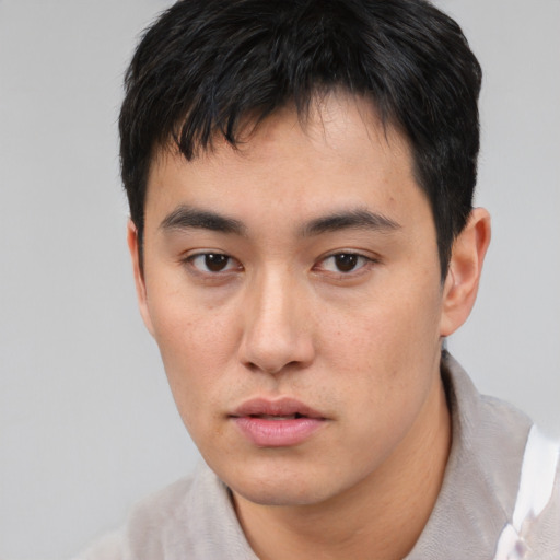Neutral asian young-adult male with short  brown hair and brown eyes