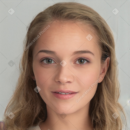 Joyful white young-adult female with long  brown hair and blue eyes