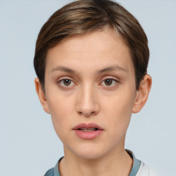 Neutral white young-adult female with short  brown hair and brown eyes