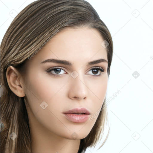 Neutral white young-adult female with long  brown hair and brown eyes