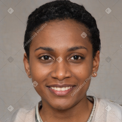 Joyful black young-adult female with short  black hair and brown eyes