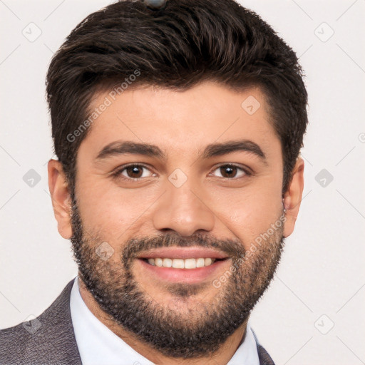 Joyful white young-adult male with short  black hair and brown eyes