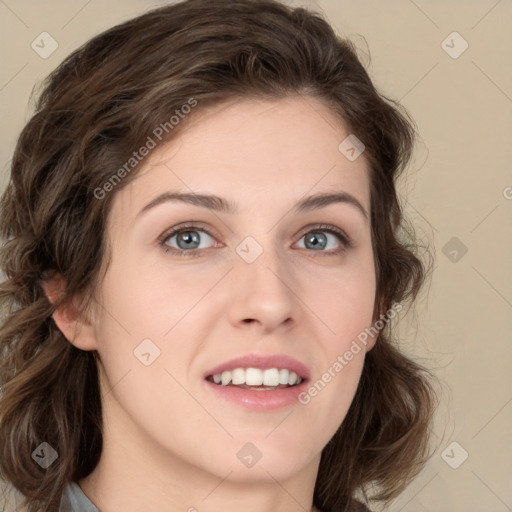 Joyful white young-adult female with medium  brown hair and green eyes