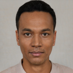Neutral black young-adult male with short  black hair and brown eyes