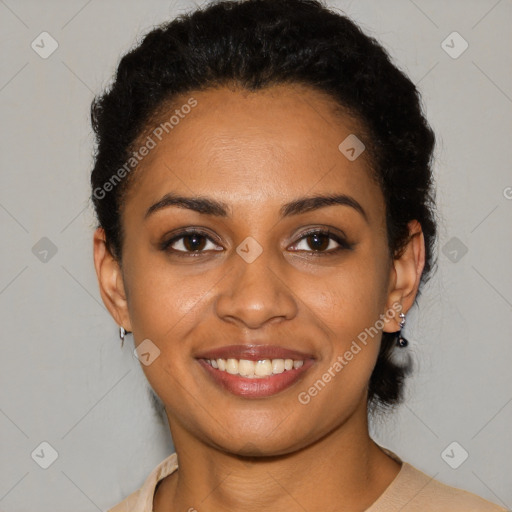 Joyful latino young-adult female with short  black hair and brown eyes