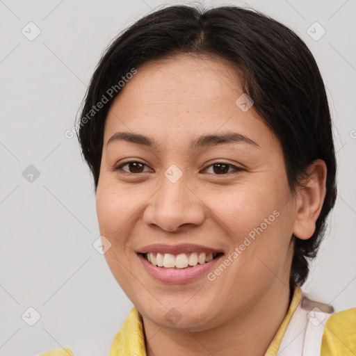 Joyful white young-adult female with medium  brown hair and brown eyes