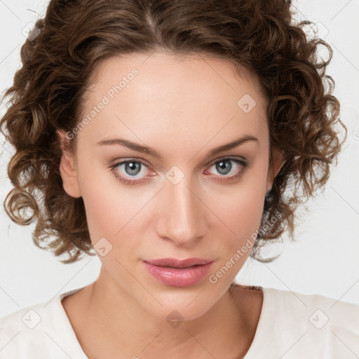 Joyful white young-adult female with medium  brown hair and green eyes