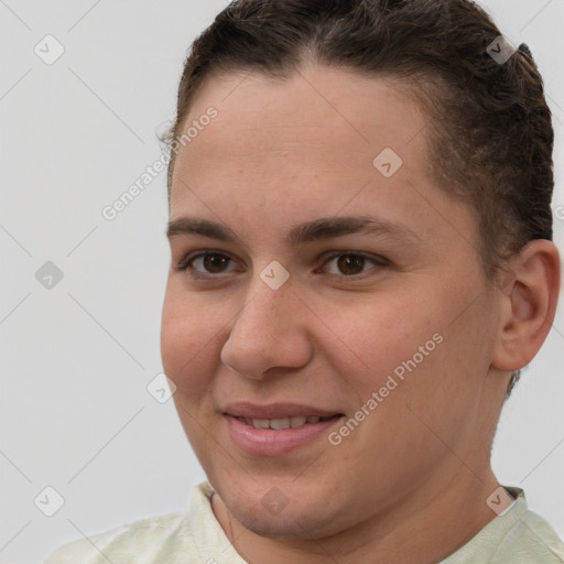 Joyful white young-adult female with short  brown hair and brown eyes