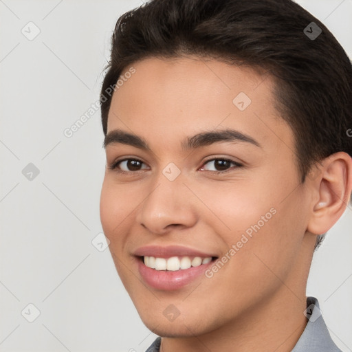 Joyful white young-adult female with short  brown hair and brown eyes