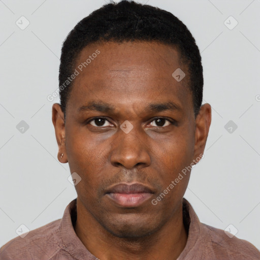 Neutral black young-adult male with short  black hair and brown eyes