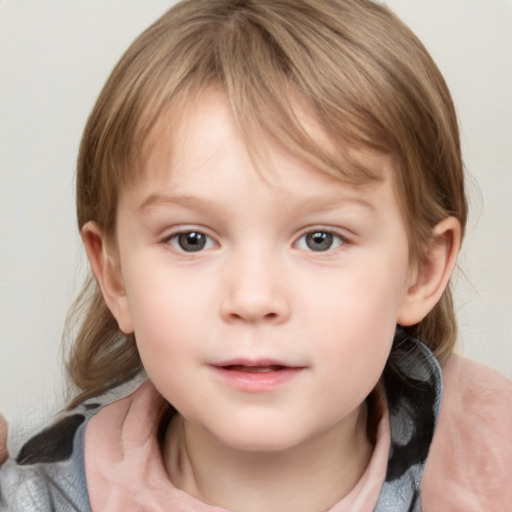 Neutral white child female with medium  brown hair and grey eyes