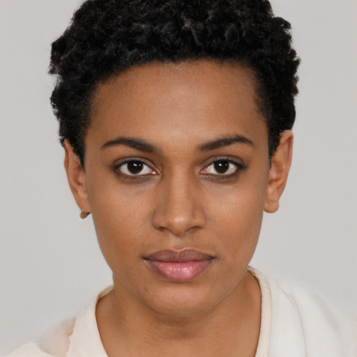 Neutral black young-adult female with short  black hair and brown eyes