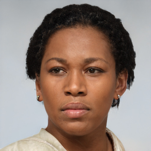 Neutral black young-adult female with short  black hair and brown eyes