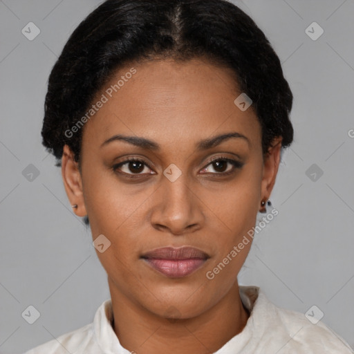 Joyful latino young-adult female with short  black hair and brown eyes