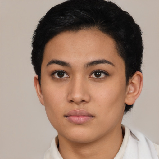 Neutral latino young-adult female with short  brown hair and brown eyes