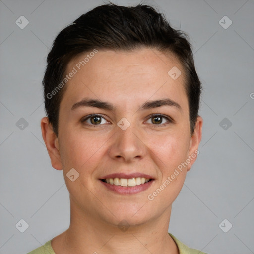 Joyful white young-adult female with short  brown hair and brown eyes