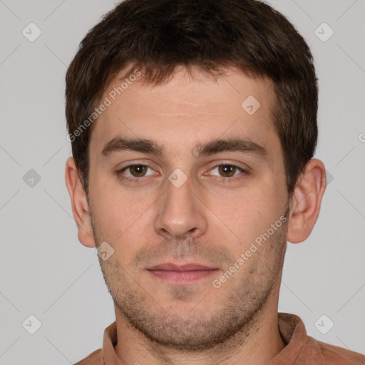 Neutral white young-adult male with short  brown hair and brown eyes