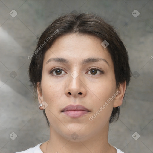 Neutral white young-adult female with short  brown hair and brown eyes