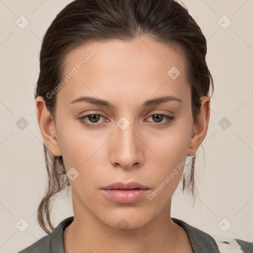 Neutral white young-adult female with medium  brown hair and brown eyes