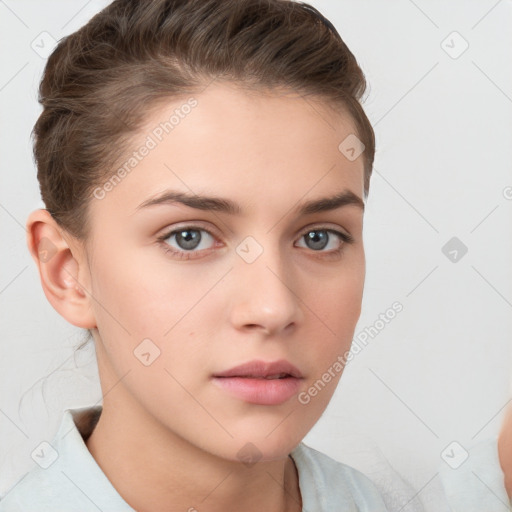 Neutral white young-adult female with short  brown hair and brown eyes