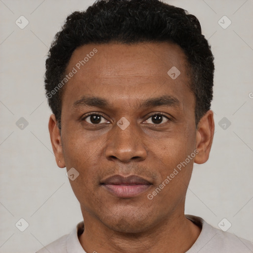 Neutral black young-adult male with short  black hair and brown eyes