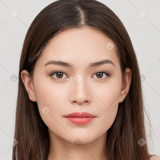 Neutral white young-adult female with long  brown hair and brown eyes