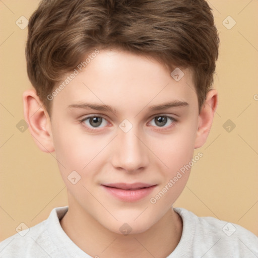 Joyful white child male with short  brown hair and brown eyes