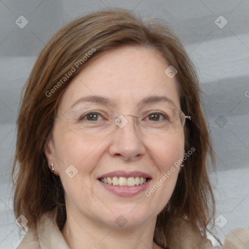 Joyful white adult female with medium  brown hair and grey eyes